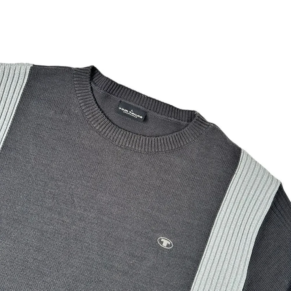 TOM TAILOR Mens Crew Neck Jumper Sweater Medium Ribbed Grey Y2K VTG Colorblock